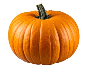 Fototapeta premium A vibrant, perfectly round, orange pumpkin with green stem, isolated against a white background. Ideal for autumn visuals