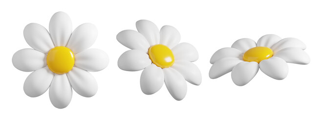 Cute 3D plastic Daisy Flower. Cartoon chamomile bubble bloom with white petals for spring and summer design. 3d render 
