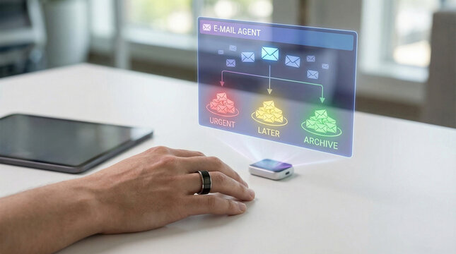 productivity. Hand utilizing holographic AI agent for email sorting and inbox management automation. business efficiency blogs, designed for tech newsletters and communication software.