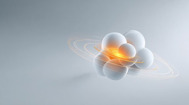 Abstract illustration of spheres representing atoms with glowing rings in a minimalist setting on a light grey background