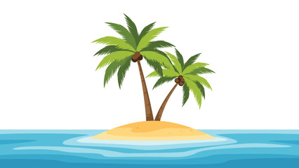 Obraz premium Tropical island scene featuring two tall palm trees with coconuts on a small sand patch surrounded by calm blue ocean water and waves.