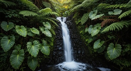 Fototapeta premium Tranquil forest waterfall surrounded by lush greenery and ferns in sunlit tropical jungle