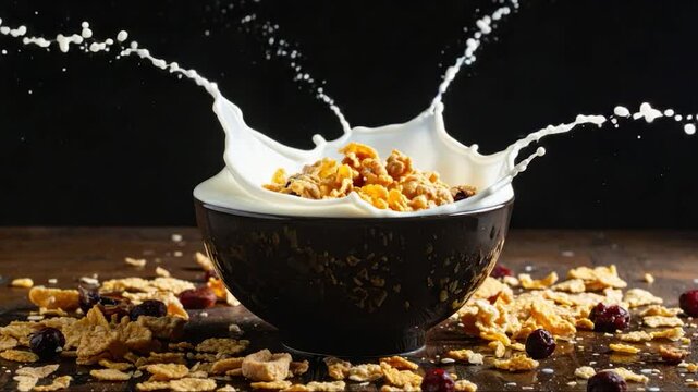Cereal bowl with milk splash; cereal and fruit scattered, dark background