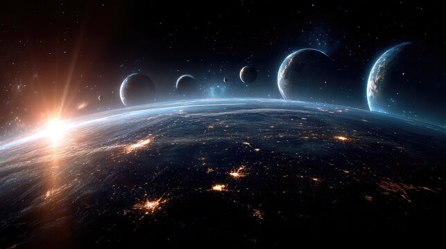 Distant planets and sunrise over earth