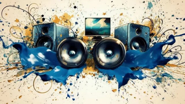 Abstract art with speakers and splashes of color featuring a central screen