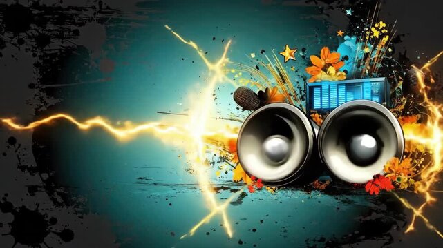 Vibrant audio explosion with speakers and colorful floral design on teal background