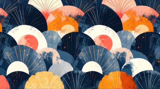Abstract composition of layered semi-circles in shades of blue, orange, and white