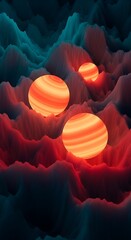 Fototapeta premium Abstract Sci-Fi Landscape with Glowing Orange Planets over Dark Red Jagged Mountain Peaks