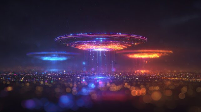 Futuristic flying saucer hovering above a vibrant cityscape at night with colorful lights and glows, showcasing a cosmic encounter or alien visitation