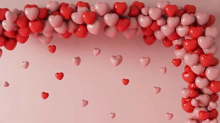 Valentine's day celebration background with red and pink heart shaped balloons garland and floating hearts on pink with valentine s day and love and romance and pink background