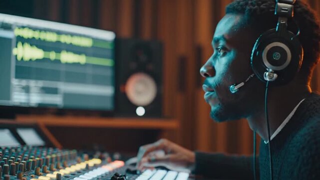 Audio Engineer Mixing Music in Recording Studio Console.