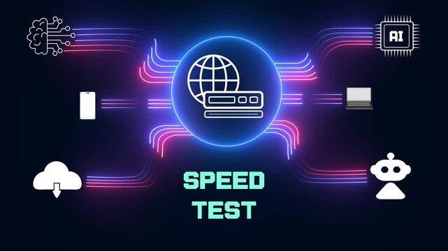 Speed test technology for internet performance reviews and high speed networking, digital global connectivity background loop