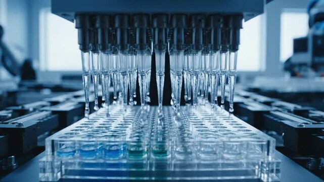 Automated Laboratory Pipetting Robot Dispensing Liquids Into Plates.
