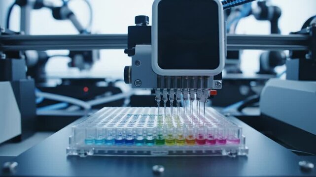 Automated Multichannel Pipetting Robot Filling Microplate Wells.