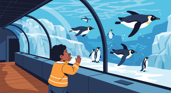 Kids observing penguins swimming in aquarium tunnel with icy rocks and water, showing marine wildlife education, curiosity, and family-friendly zoo experience in flat vector illustration