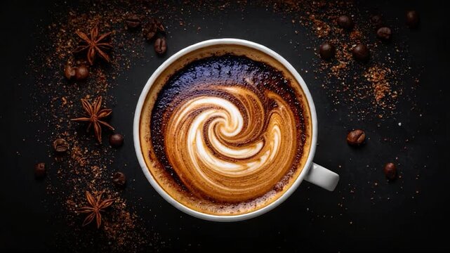 Coffee art with swirl, surrounded by star anise, beans, and cinnamon dust
