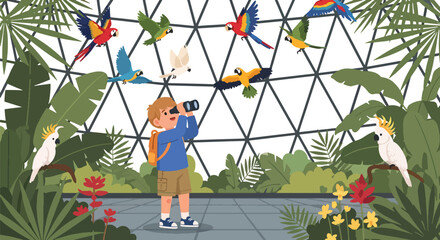 Child using binoculars to watch colorful birds in aviary dome with tropical plants, showing nature exploration, curiosity, and environmental education in modern flat vector style © Amie