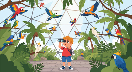 Child using binoculars to watch colorful birds in aviary dome with tropical plants, showing nature exploration, curiosity, and environmental education in modern flat vector style © Amie