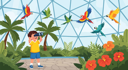 Child using binoculars to watch colorful birds in aviary dome with tropical plants, showing nature exploration, curiosity, and environmental education in modern flat vector style © Amie