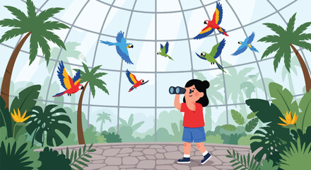 Child using binoculars to watch colorful birds in aviary dome with tropical plants, showing nature exploration, curiosity, and environmental education in modern flat vector style © Amie