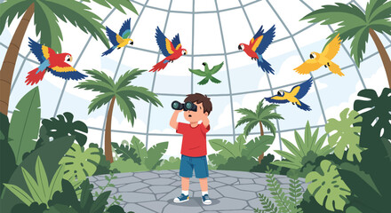 Child using binoculars to watch colorful birds in aviary dome with tropical plants, showing nature exploration, curiosity, and environmental education in modern flat vector style © Amie