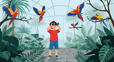 Child using binoculars to watch colorful birds in aviary dome with tropical plants, showing nature exploration, curiosity, and environmental education in modern flat vector style © Amie