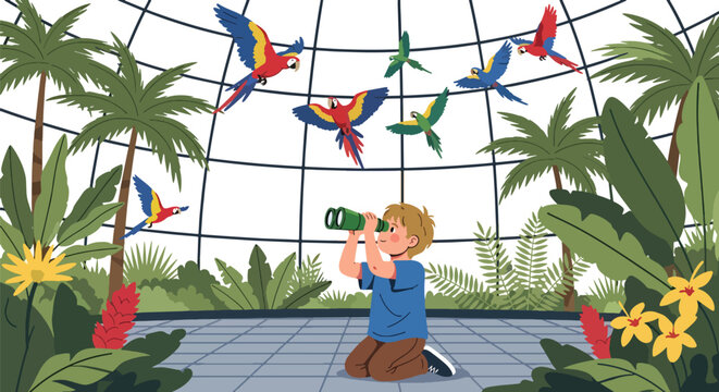 Child using binoculars to watch colorful birds in aviary dome with tropical plants, showing nature exploration, curiosity, and environmental education in modern flat vector style