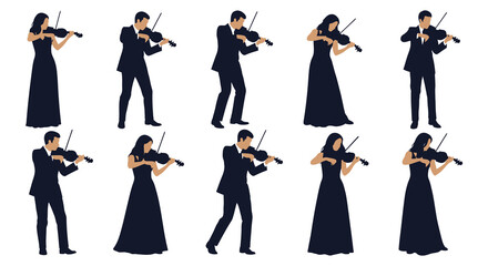 A collection of musicians playing violins in various poses presented as a striking black silhouette on transparent background high quality professional © mrvect02