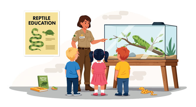 School group listening to zookeeper explaining reptiles near terrarium and posters, showing environmental education, wildlife conservation learning, and zoo field trip in flat vector style