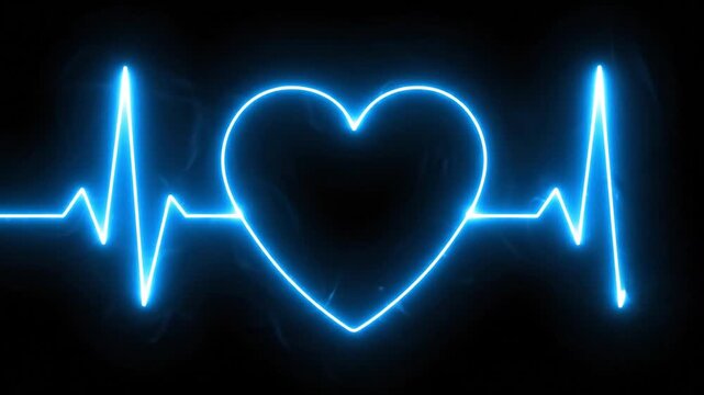 Blue Neon Heartbeat Line on Black Background - Medical EKG Signal