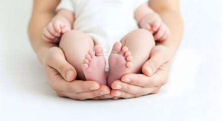 Adult Hands Cradling Newborn Baby Feet in Soft High-Key Lighting, Concept of Parenthood, Fragility, and Protection