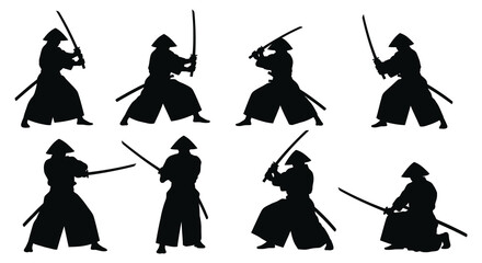 A collection of eight black silhouettes depicting samurai warriors in various fighting poses on transparent background high quality professional detailed modern