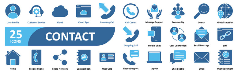 Contact icon set In Blue Style, Vector Illustration. Contain icons related to message, phone, buttons, support, location, chat, business, mobile, address