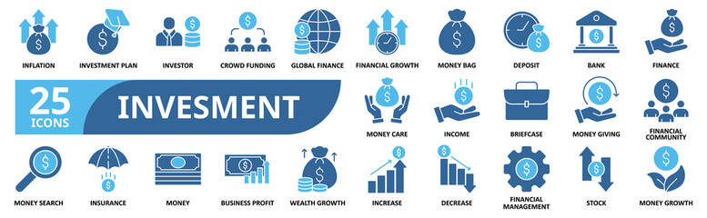 investment Icon Set. Contain icons related to finance, money, banking, icon, deposit, savings, business, profit, management