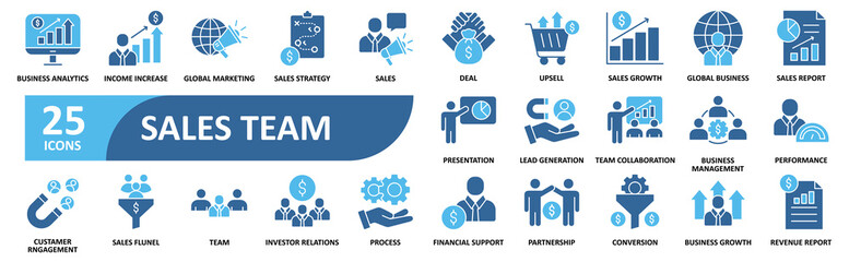 Sales team icon set In Blue Style, Vector Illustration. Contain icons related to marketing, salesperson, team, crm, icon, profit, growth, prospect, conversion, funnel