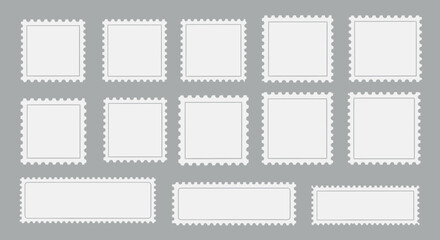 Fototapeta premium Collection of blank white postage stamps with perforated edges on a grey background.
