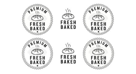 Collection of black and white premium fresh baked bread labels and badges, featuring hand-drawn loaves with steam, perfect for bakeries and food packaging.
