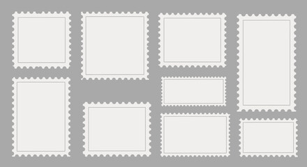 Collection of blank white postage stamps with perforated edges, varying in size and orientation, on a neutral grey background.