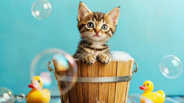 Adorable kitten in wooden bucket with bubbles and rubber ducks against blue background