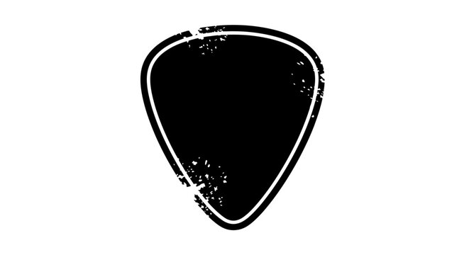 Distressed black guitar pick with a grunge textured outline, isolated on a clean white background, symbolizing music and rock.