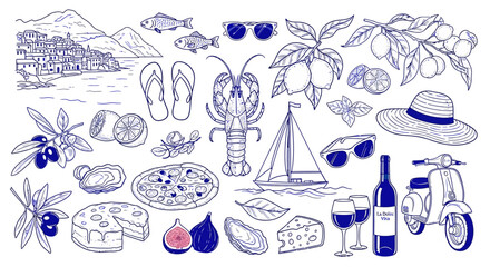 A charming collection of hand-drawn illustrations depicting a delightful Italian summer vacation scene with food, drink, and leisure activities.
