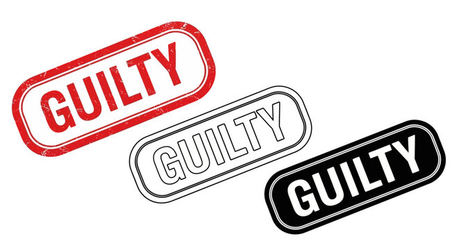 Three rectangular grunge rubber stamps with the word GUILTY in red, outline, and black on a white background, arranged diagonally.