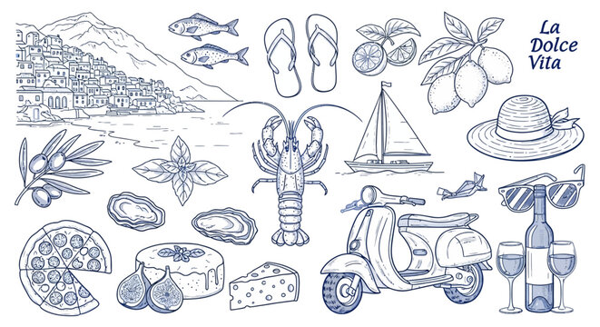 A detailed line art illustration set depicting various elements of Italian summer vacation and Mediterranean lifestyle, including food, transport, and landscapes.