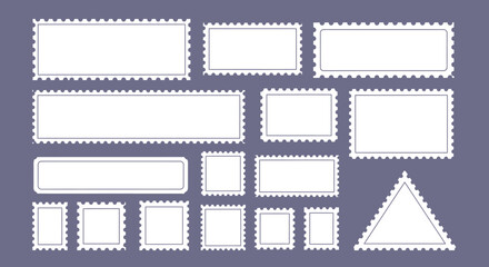 Collection of blank white postage stamps of various shapes and sizes arranged on a textured purple background.