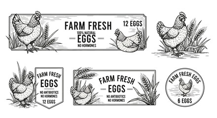 Collection of vintage farm fresh egg labels featuring hand-drawn chickens and wheat stalks, emphasizing natural and hormone-free products. © Myanee