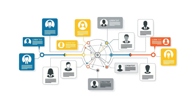 Visual representation of a complex organizational structure with interconnected profiles and data points.