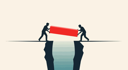 Two people working together to place a red block across a chasm, symbolizing teamwork and bridging gaps.