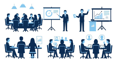 Collection of business meeting and presentation illustrations depicting teamwork and corporate strategy.