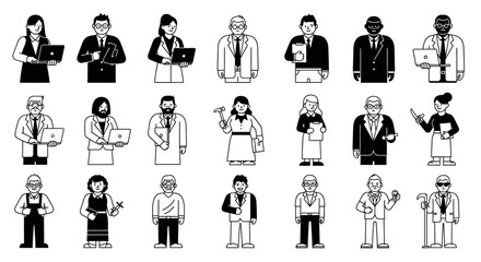 A diverse collection of 20 stylized black and white icons representing various professions and occupations.