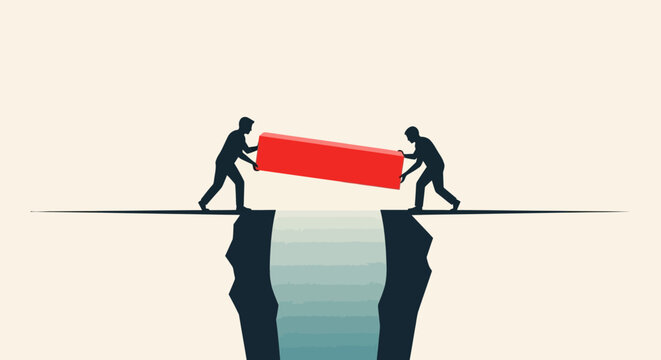 Two people working together to place a red block across a chasm, symbolizing teamwork and bridging gaps.